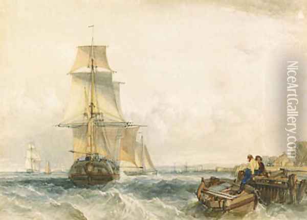 Shipping, with figures on a jetty in the foreground Oil Painting - Alfred Gomersal Vickers