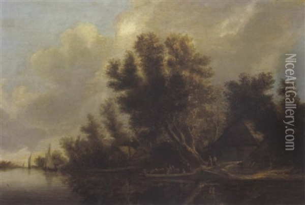 Bewaldete Flusslandschaft Mit Bauernhauser Und Einer Fahre Oil Painting - Salomon van Ruysdael