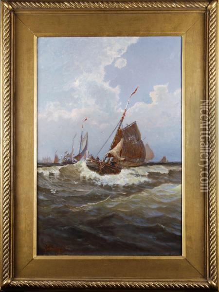 Fiskebatar I Open Sjofran Katwijk Oil Painting - Anund Emanuel