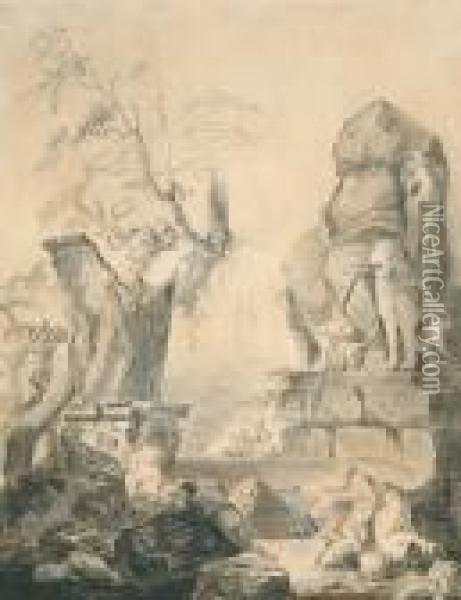 Paysage Anime Avec Statue Antique Colossale Servant De Fontaine Oil Painting - Hubert Robert