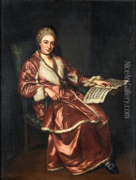 Portrait Of A Lady, Said To Be Madame Katinka, In A Fur-trimmed Crimson Robe, Reading Music Oil Painting - Sir Nathaniel Dance-Holland
