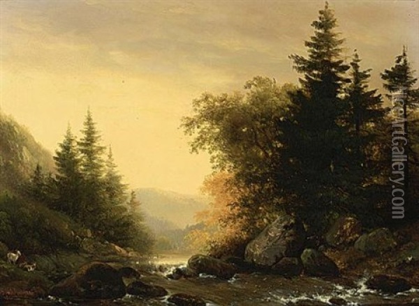A Mountainous Landscape Oil Painting - Hendrik van de Sande Bakhuyzen
