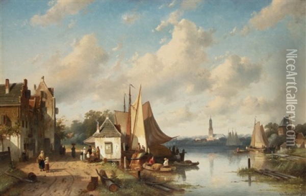 Enlivened River Landscape In Holland Oil Painting - Charles Henri Joseph Leickert