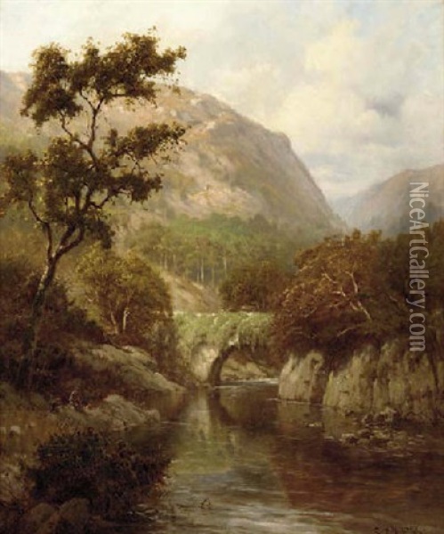 Anglers In A Mountainous River Landscape Oil Painting - Edward Henry Holder