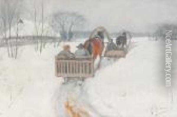 Two Horse-drawnsleighs Following In The Snow Oil Painting - Andrei Afanas'Evich Egorov