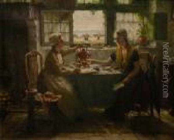Twee Zeeuwse Vrouwen In Een Interieur Voor Het Open Venster Oil Painting - Edward Antoon Portielje