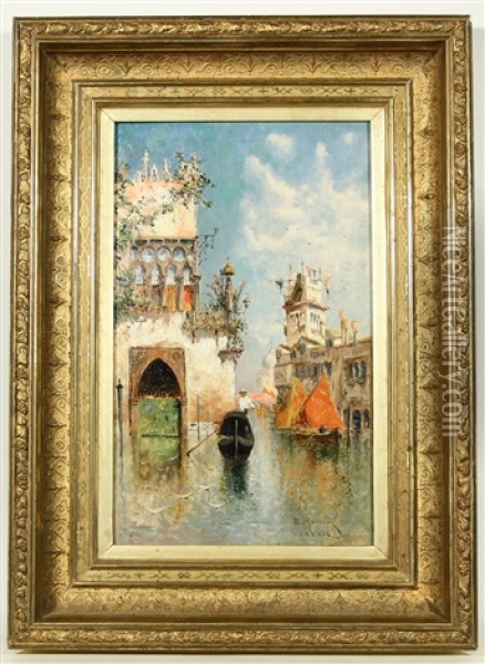 Gondolier By The Doge's Palace, Venice Oil Painting - Egisto Massoni