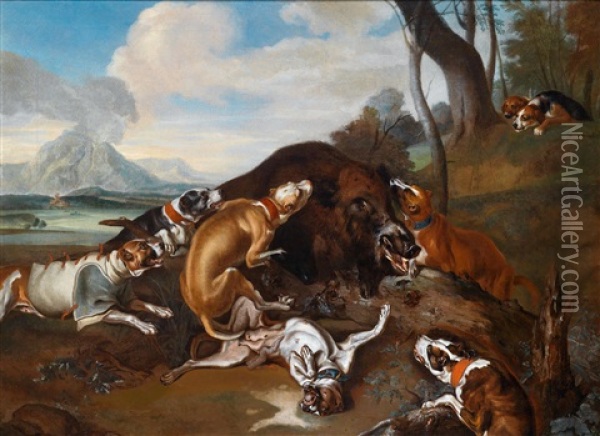 Hunde Einen Keiler Stellend Oil Painting - Johann Georg de Hamilton
