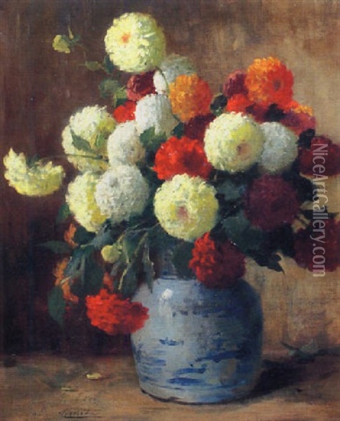 Still Life With Red, Yellow And White Chrysanthemums Oil Painting - Emile-Louis Minet