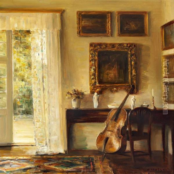Interior With A Cello, Small Piano And An Open Door To Thegarden Oil Painting - Carl Vilhelm Holsoe