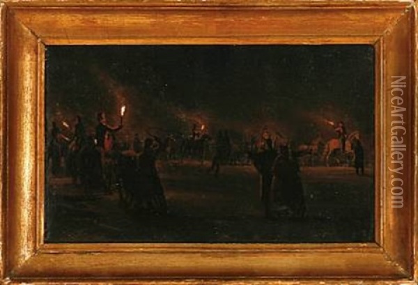 Scene Paa Kongens Nytorv, Ved Fakkelskin Oil Painting - Emil Wolff