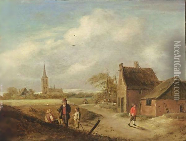 A Landscape With Travellers Resting And Figures On A Path Near A Farm, A Church Beyond Oil Painting - Claes Molenaar (see Molenaer)