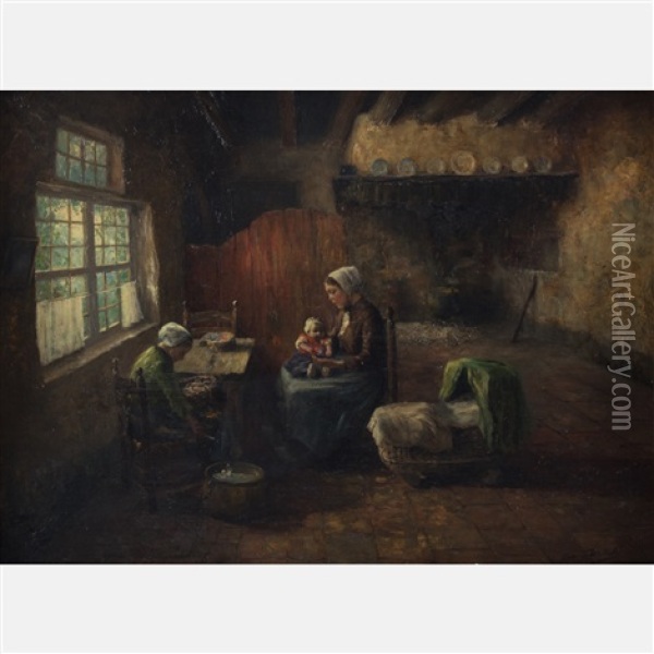 Interior Scene With Mother And Children Oil Painting - Carl Eugene Mulertt
