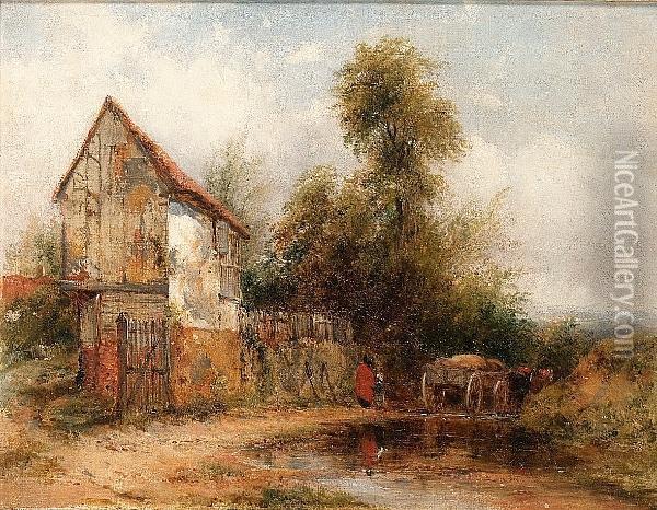 Figures, Horse And Cart On A Country Road, Passing A Mill Oil Painting - Frederick Waters Watts