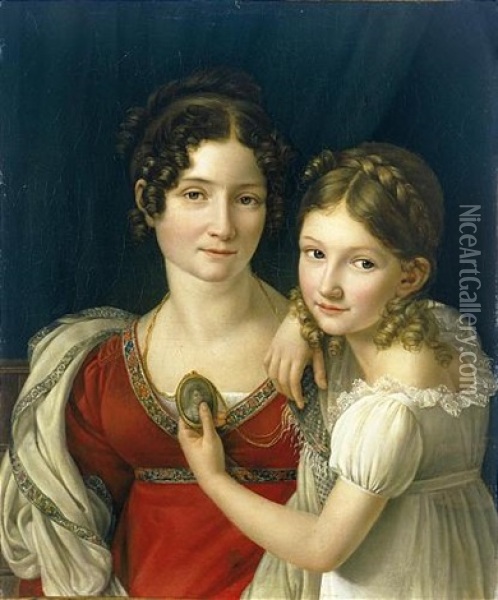 Portrait Of A Mothe, And Her Daughter Holding A Portrait Miniature In Her Left Hand Oil Painting - Henri Francois Riesener