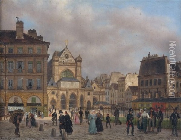 La Place Du Louvre Avec Saint-germain L'auxerrois Oil Painting - Giuseppe Canella I