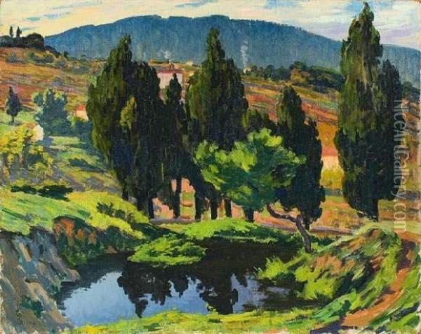 Paysage Vallonne Aux Cypres Et A La Petite Riviere. 1918. Oil Painting - Giovanni Giacometti