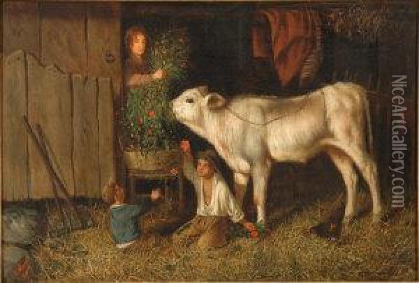Calf And Children In A Byre Oil Painting - Gaetano Mormile