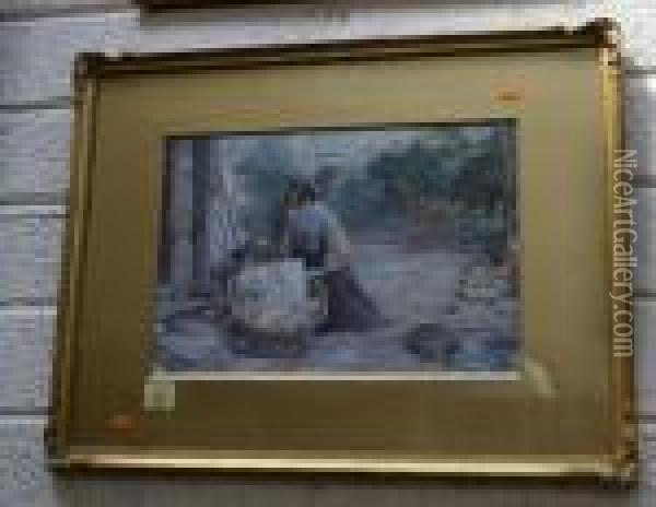 Infant In A Basket By A Cottage With Mother Oil Painting - Myles Birket Foster