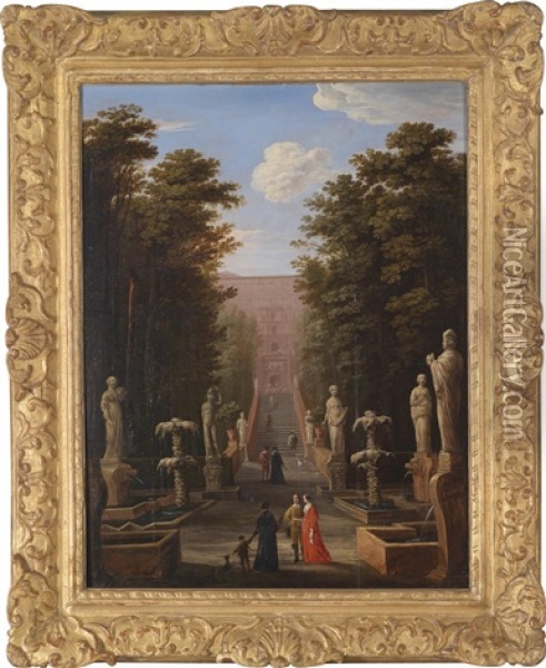 Eine Elegante Gesellschaft In Den Garten Der Villa D'este In Tivoli Vor Der Grosen Kaskade Des Pirro Ligorio Oil Painting - Johann Wilhelm Baur