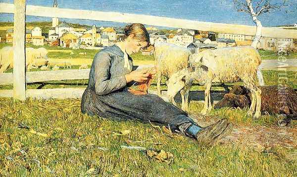 Knitting girl Oil Painting - Giovanni Segantini
