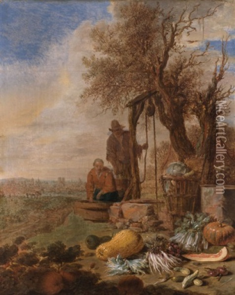 Bauernpaar Am Brunnen Mit Gemusestilleben Oil Painting - Willem Kalf