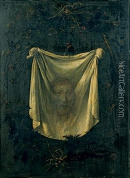Guirlande De Houx Et De Chardons Entourant Le Voile De Veronique Oil Painting - Frans van Cuyck