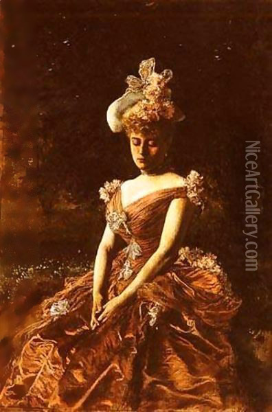 Portrait Of A Lady In A Pink Dress Oil Painting - Istvan Pekary
