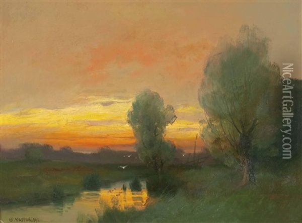 Sonnenuntergang Links Unten Signiert Ed. Kasparides Oil Painting - Eduard Kasparides