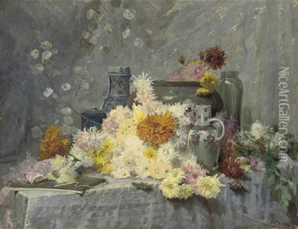 Chrysanthemums And Pottery Oil Painting - Joseph Mittey