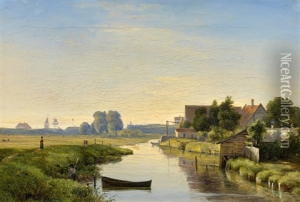 Danische Kanallandschaft Hinterm Deich Oil Painting - Vilhelm Peter Karl Kyhn