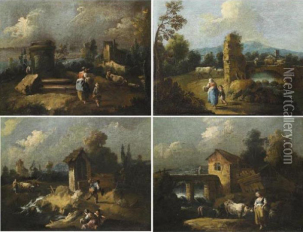 Paesaggi Con Lavandaie E Pastori Oil Painting - Giuseppe Zais
