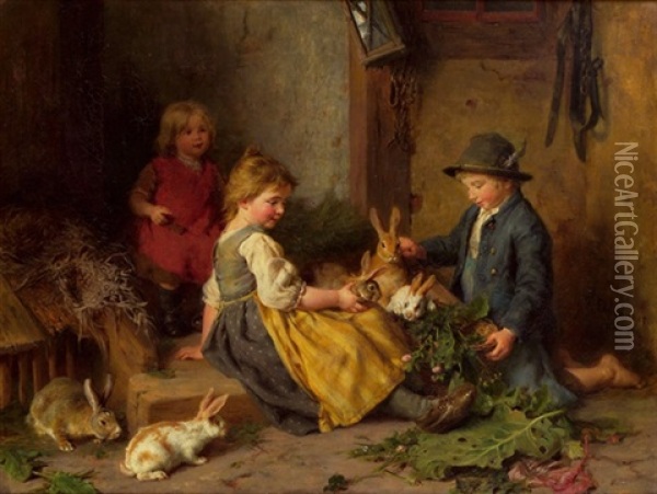 Drei Kinder Mit Hasen Oil Painting - Felix Schlesinger