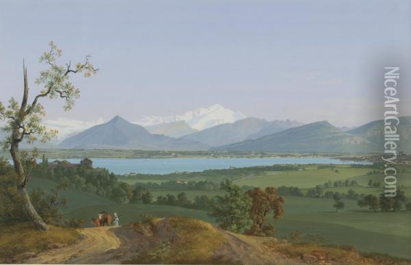 Vue Du Mont-blanc, Des Montagnes Environments, Et De Geneve, Pris Depuis Morillon Oil Painting - Jean Antoine Linck