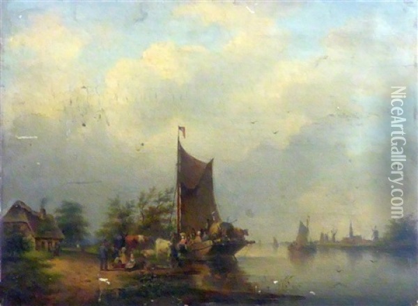 A River Landscape With A Laden Ferry Boat, Other Figures And Cattle, An Inn To The Left And A Village With Church Spire To The Right Oil Painting - Gerardus Hendriks
