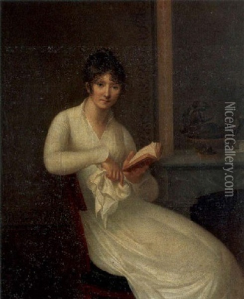 Jeune Femme Assise Tenant Un Livre Pres D'une Cheminee Oil Painting - Charles Fournier