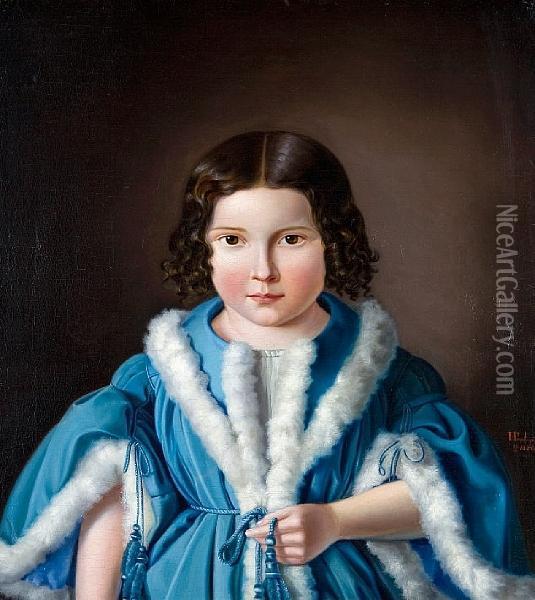 Portrait Of A Young Girl Wearing A Fur-trimmedblue Jacket Oil Painting - Heinrich Baur