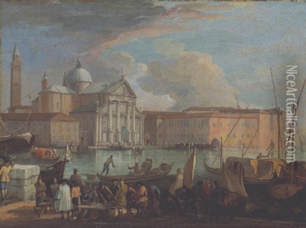 San Giorgio Maggiore, Venise, With A Fish Market Oil Painting - Luca Carlevarijs
