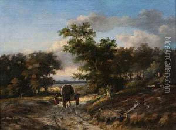 Boerenfamilie Met Paard En Kar Op Landweg Oil Painting - Albertus Jacobus Sap Van Drenthe