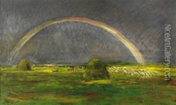 Schafe In Landschaft Mit Regenbogen Oil Painting - Charles Francois Daubigny