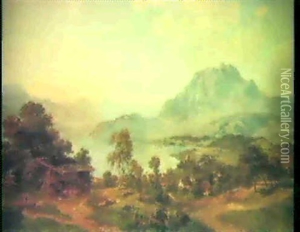 Village By An Alpine Lake Oil Painting - Joseph Nikolaus Butler