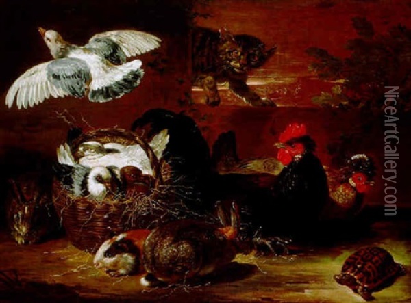 Huhner, Tauben, Hasen, Eine Schildkrote Und Eine Katze In Einer Landschaft Oil Painting - David de Coninck
