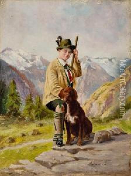 Bub In Tracht Mit Hund Im Gebirge Oil Painting - Imre Perlmutter