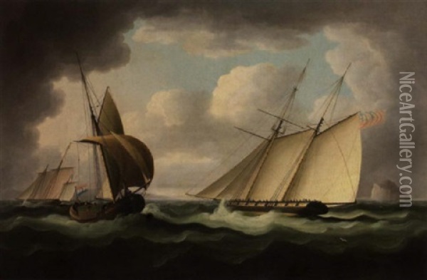 A Two-masted Naval Schooner In Pursuit Of An Armed French Lugger Off The Bass Rock, North Berwick Oil Painting - Thomas Buttersworth