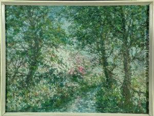 An Impressionistic Study Of Blossom Trees Along A Riverbank. Oil Painting - John Falconar Slater
