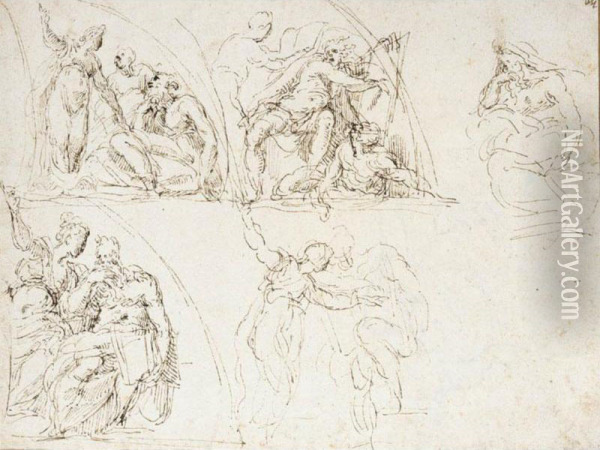 Recto: Four Studies For A 
Demi-lunette With A Sibyl And Prophet, And A Separate Study Of A Prophet
 Verso: Study Of A Seated Male Nude And Standing Nude Figure Oil Painting - Antonio Campi
