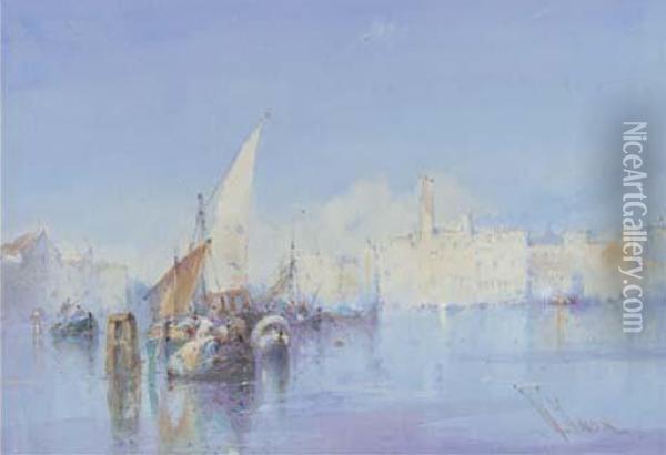 Bustling Activity On The Lagoon, Venice Oil Painting - William Knox