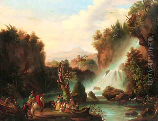 Travellers before the falls of Tivoli with the Temple of Vesta beyond Oil Painting - Claude-joseph Vernet