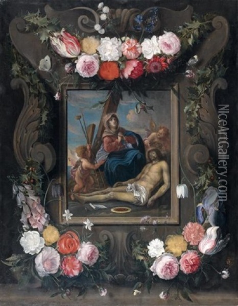 Pieta Dans Une Couronne De Fleurs Oil Painting - Cornelis Schut the Elder