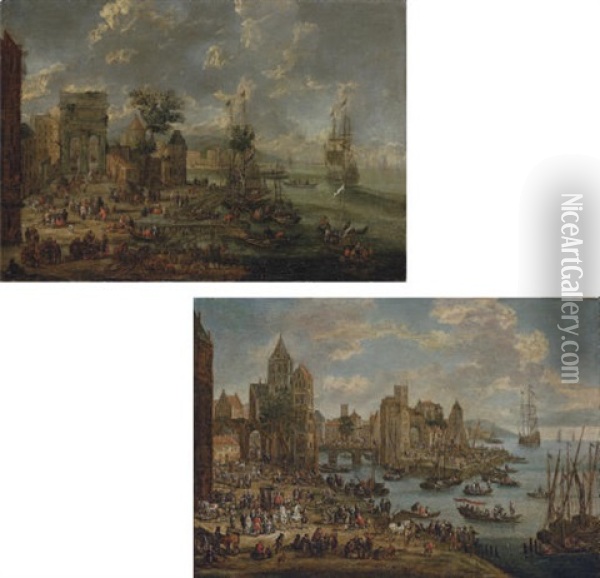 A Capriccio Of A Busy Port With The Ruins Of A Triumphal Arch (+ A Capriccio Of A Busy Port With A Bridge; Pair) Oil Painting - Pieter Casteels the Younger